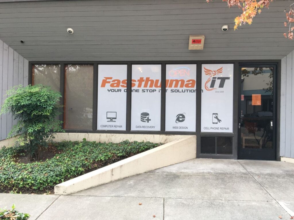 Front of the Fasthuma iT office at 42307 Osgood Rd, Suite B in Fremont, with the Fasthuma iT logo on the windows
